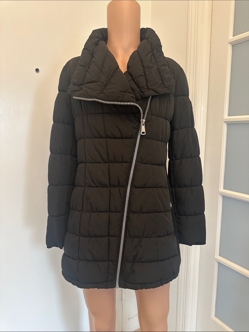 Calvin Klein Black Quilted Asymmetrical Zip Puffer Coat